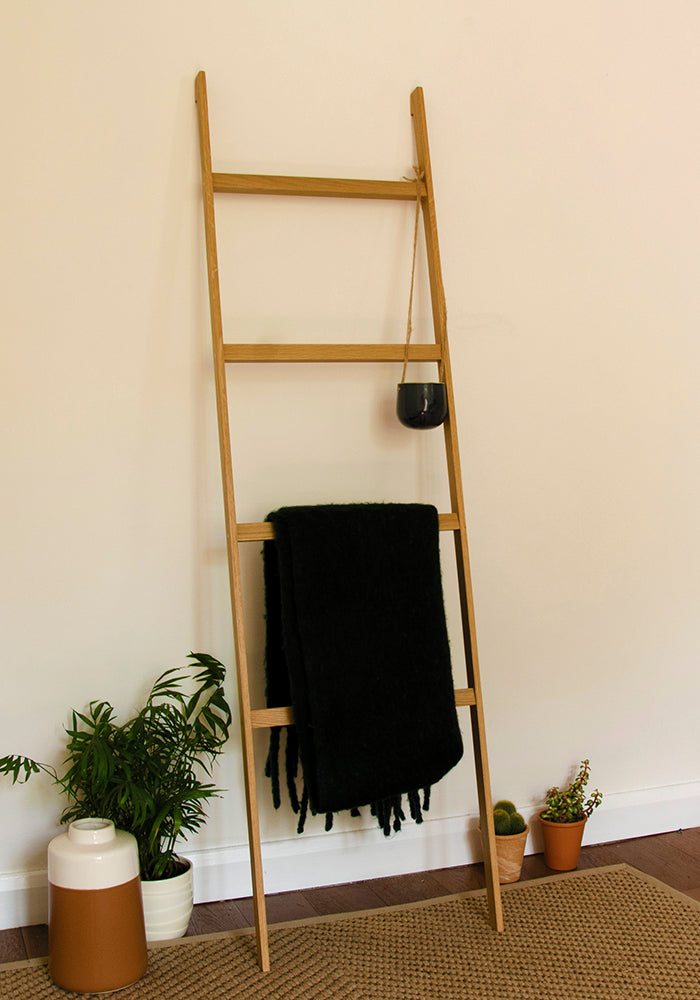 modern oak wood towel ladder with brass details