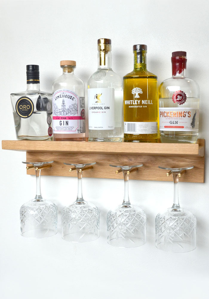 oak gin shelf with 4 glasses