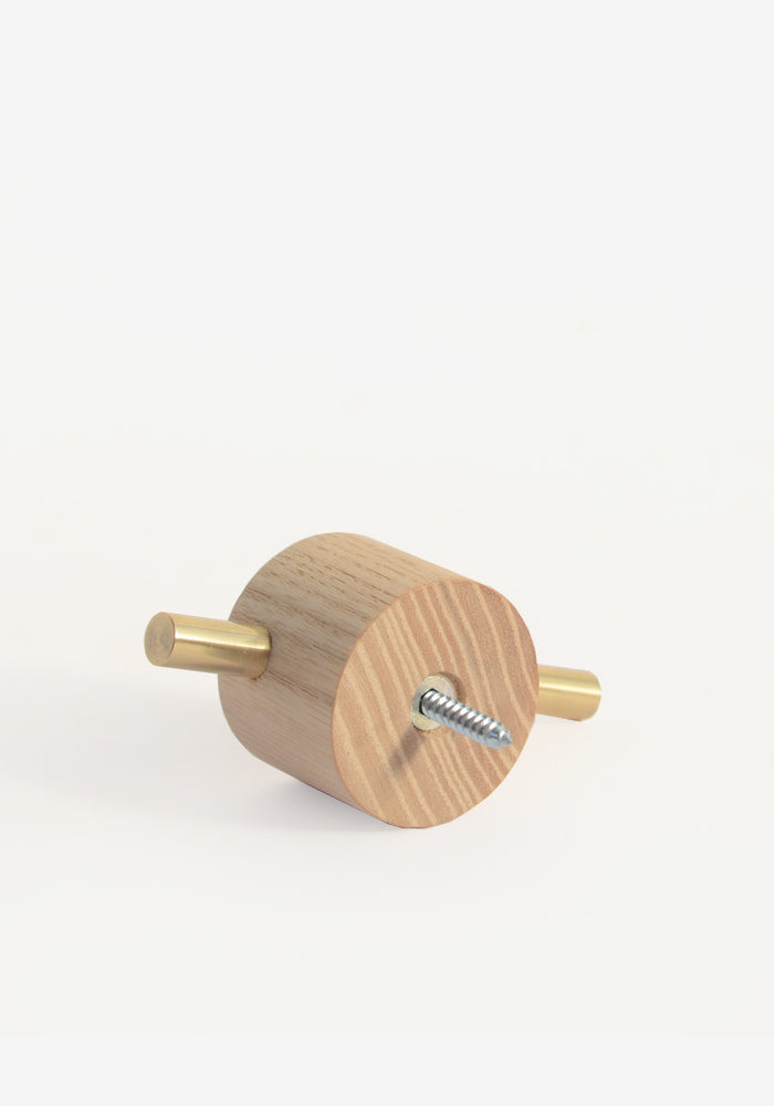 Modern round ash wood wall coat hook with brass road