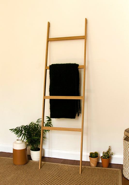 modern oak wood towel ladder with blanket
