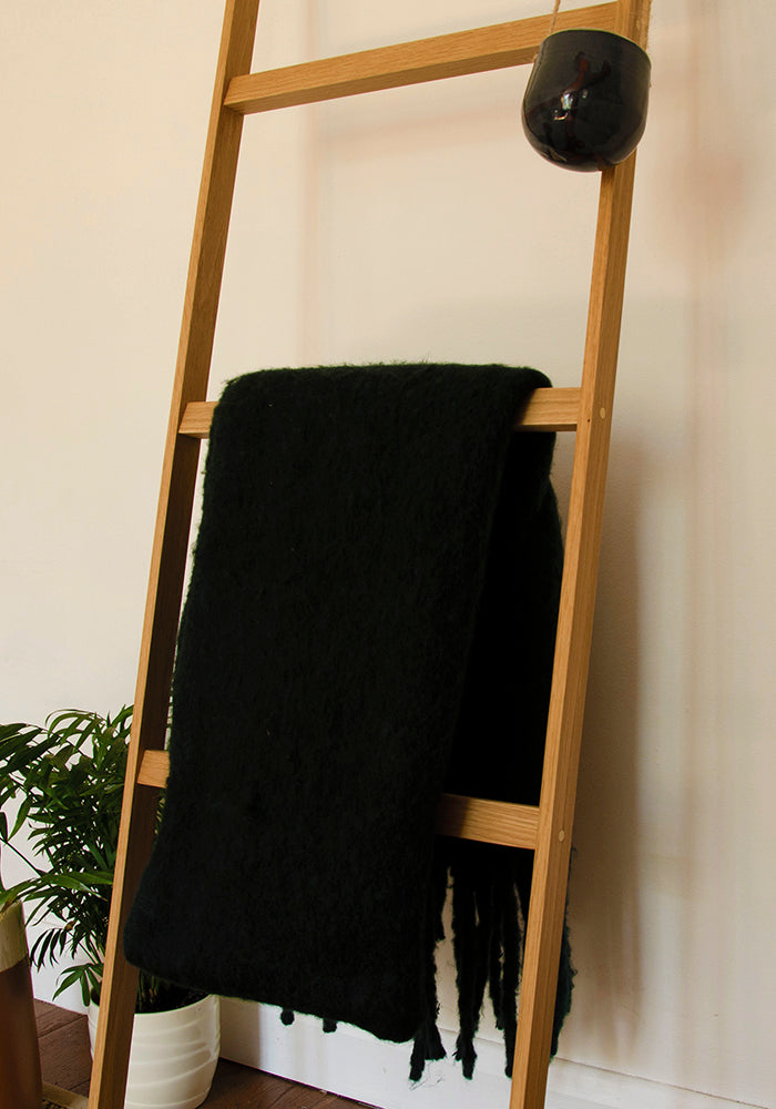 modern oak wood towel ladder with blanket