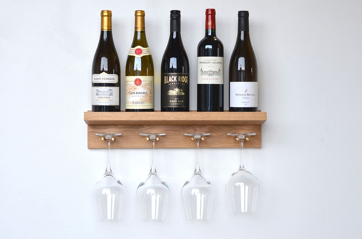 floating oak wine shelf with glasses storage