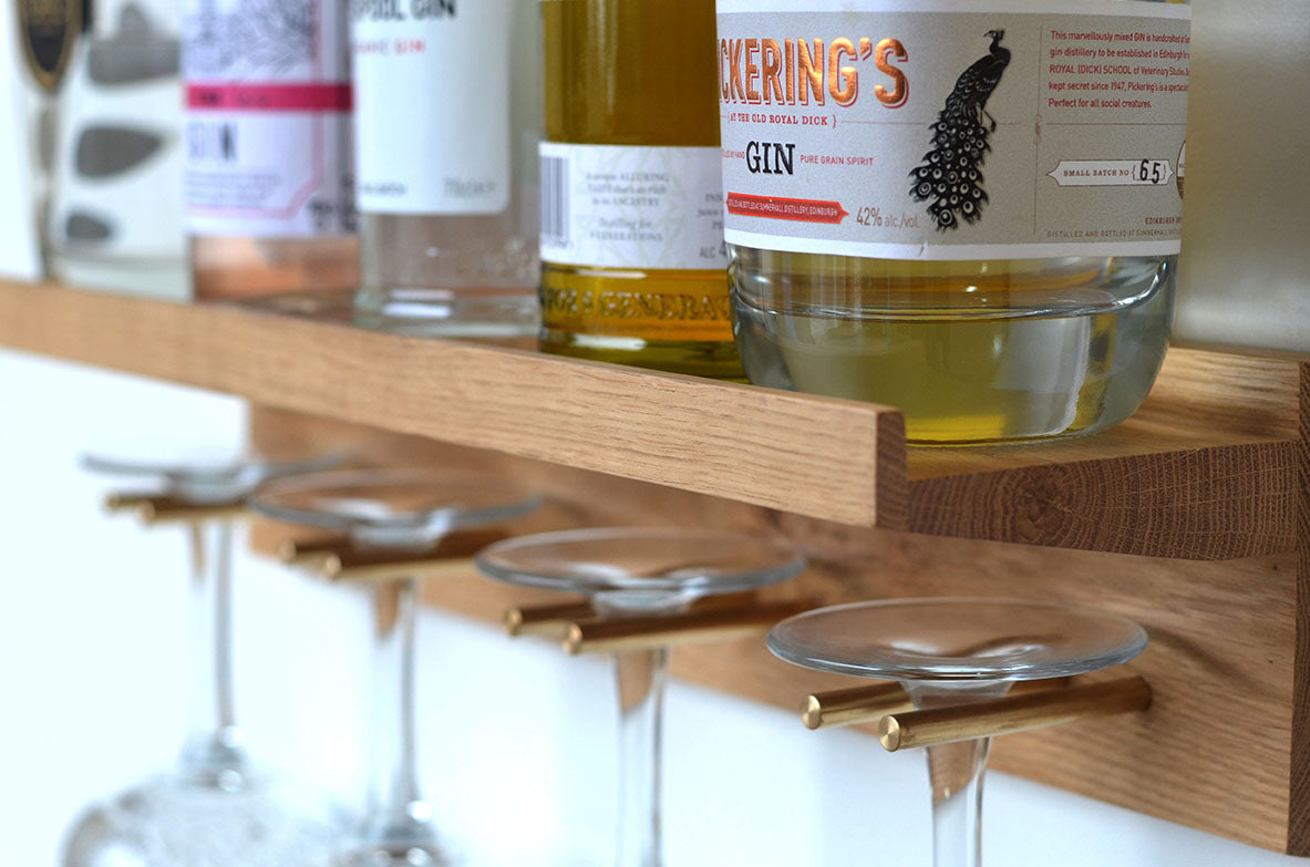 wooden gin shelf with glasses holders